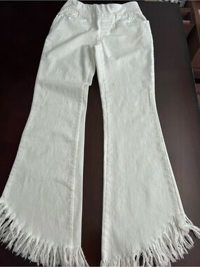 White Fringe Hem Flared Pants